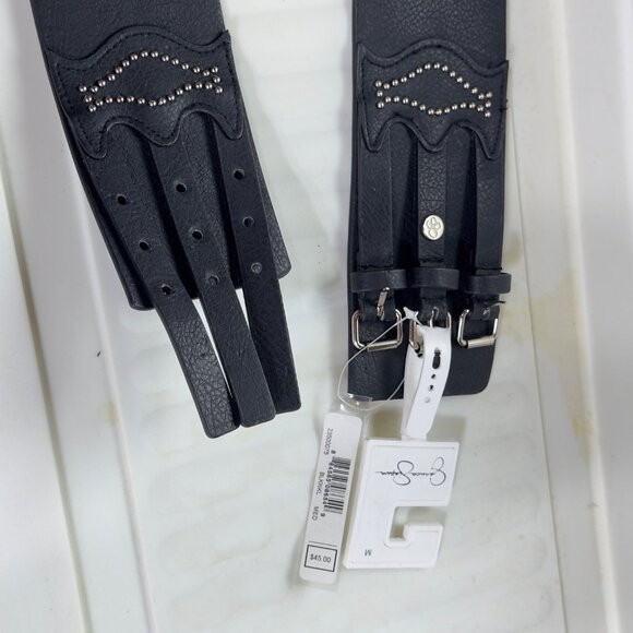 JESSICA SIMPSON Wide Black Faux Leather Belt Triple Buckle Studded Details Women - Picture 8 of 12